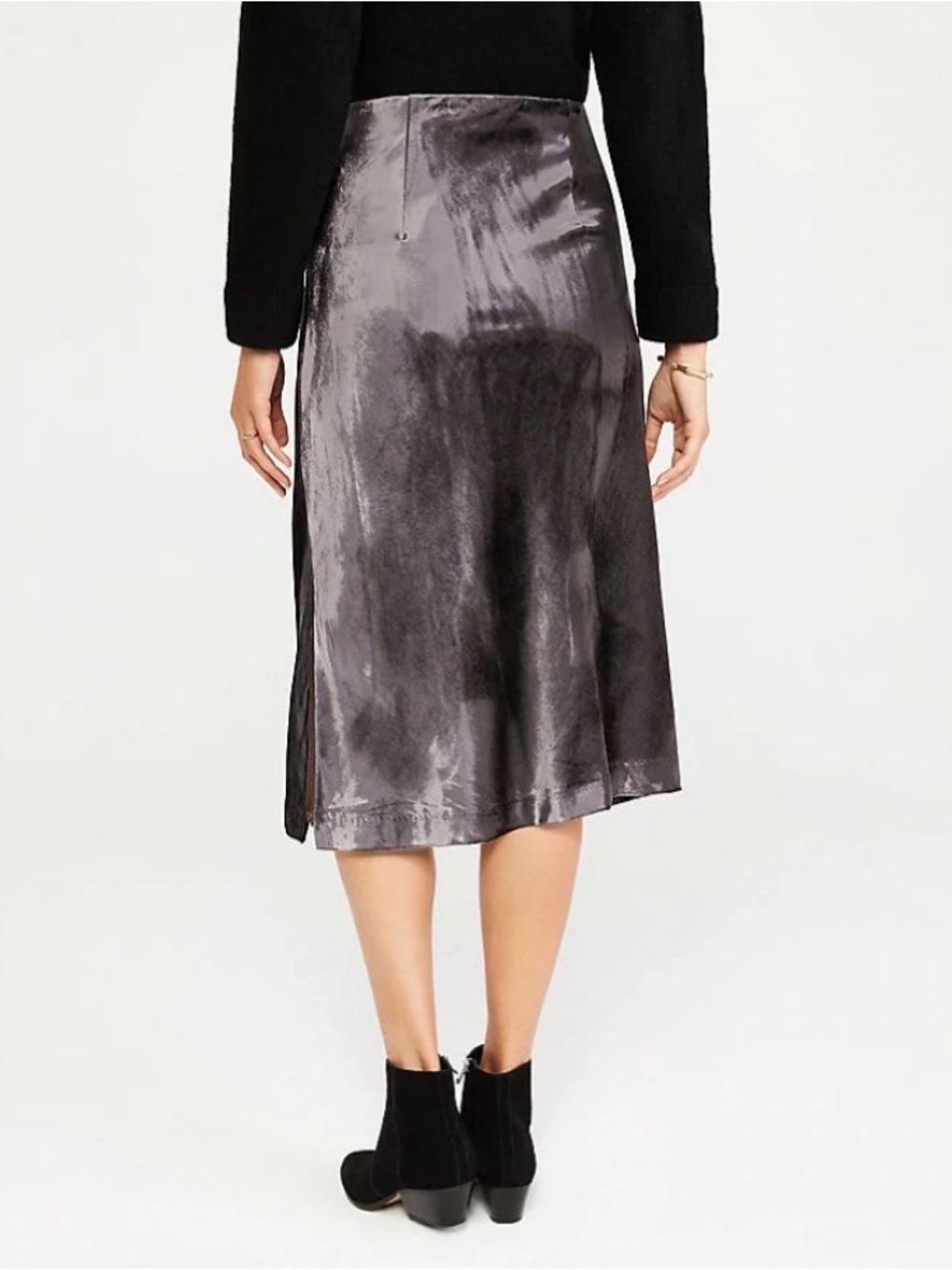 Ann Taylor Velvet Midi Skirt Size XS Grey Silver Liquid Metallic Slip PullOn - Picture 9 of 9